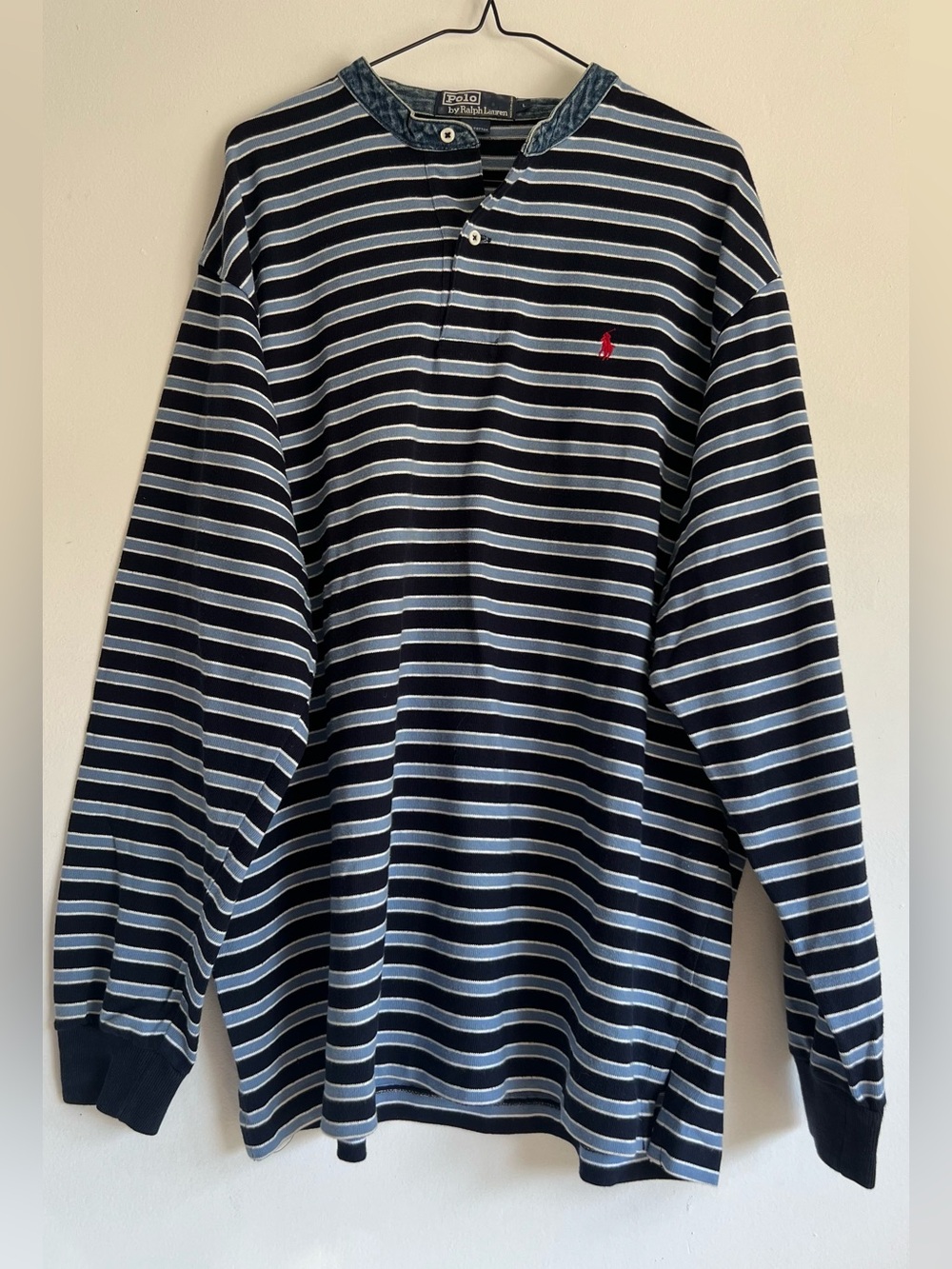 Vintage 90’s Polo Ralph Lauren Striped Henley Shirt with Denim Collar - Size L